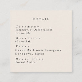 Minimalistische beige Hochzeit Details Beilagekart Begleitkarte