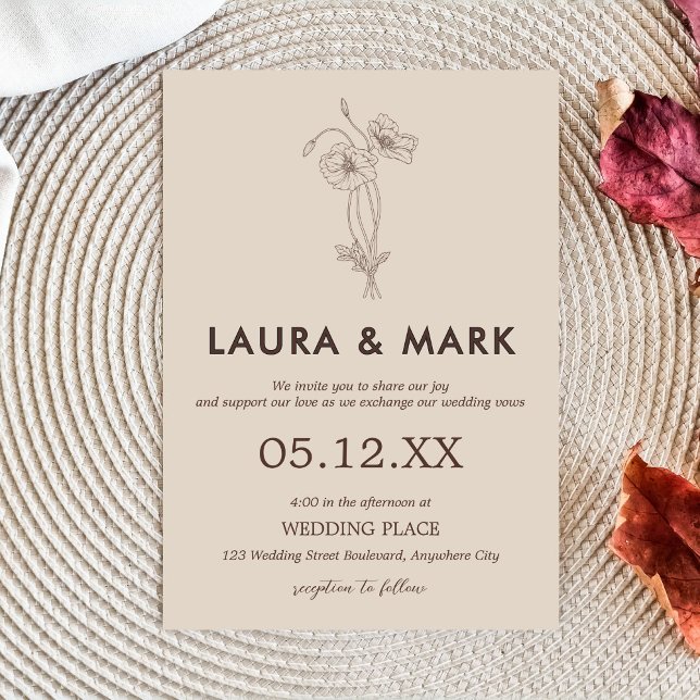 Minimalistische Beige-Hochzeit Einladung (Minimalist Floral Beige Wedding Invitation)