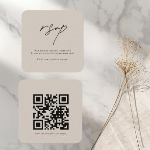 Minimalistische Beige Hochzeits-RSVP-Karte mit QR- Begleitkarte