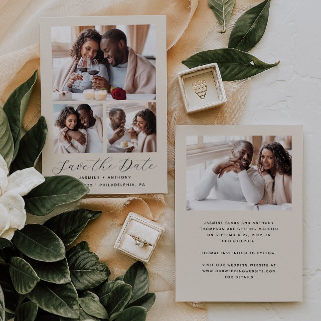 Minimalistische Beige mit 4 Fotos Save The Date (Von Creator hochgeladen)