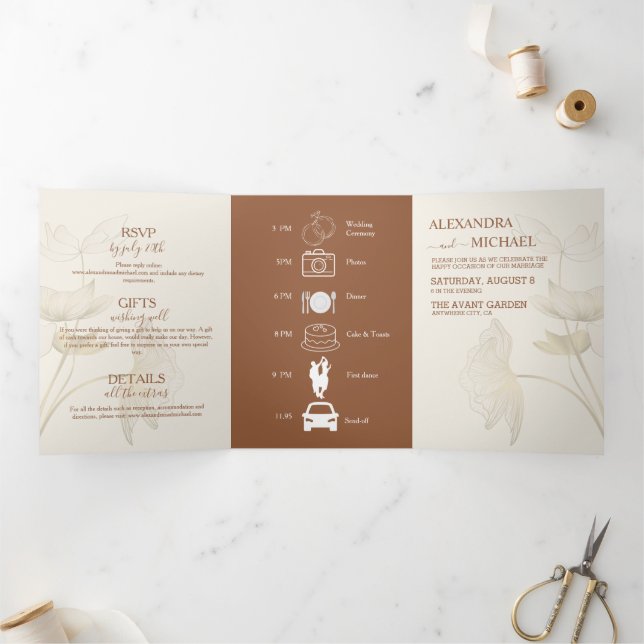 Minimalistische Beige-Neutral-Monogramm-Hochzeit Dreifach Gefaltete Einladung (Innenseite)