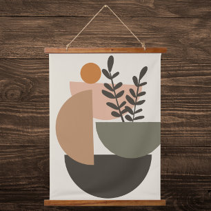 Minimalistische Beige und grünes Botanisches Wandteppich Mit Holzrahmen