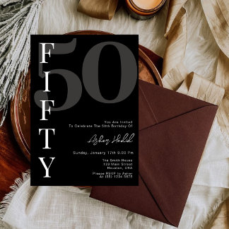 Minimalistische Black 50. Geburtstagsparty Einladung