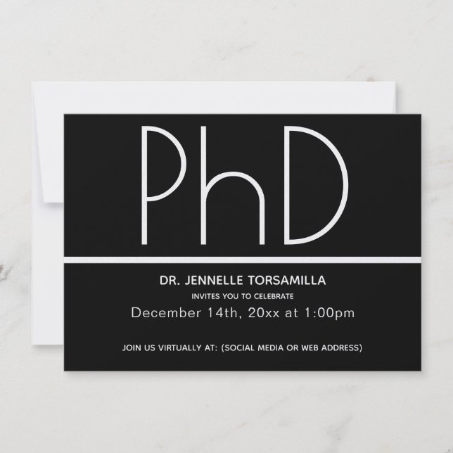 Minimalistische Black Virtual PhD Graduation Party Einladung (Vorderseite)