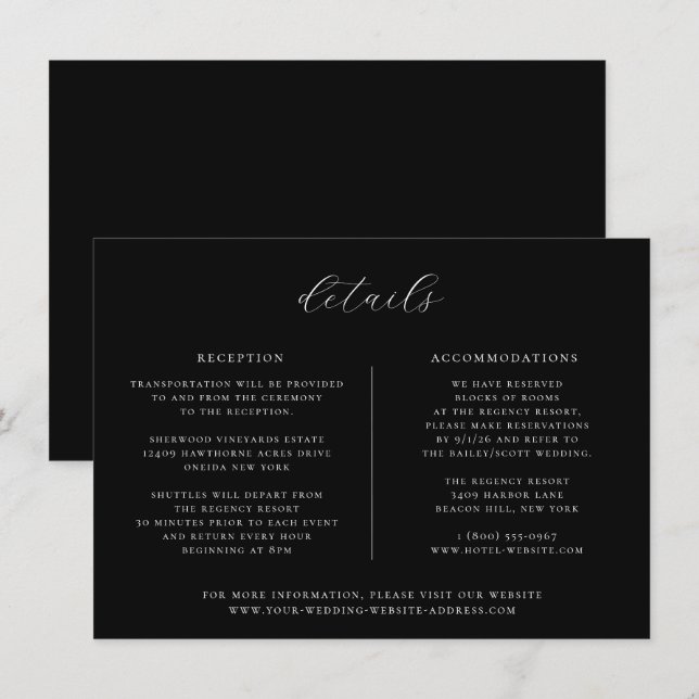 Minimalistische Black Wedding Details Card Einladung (Vorne/Hinten)