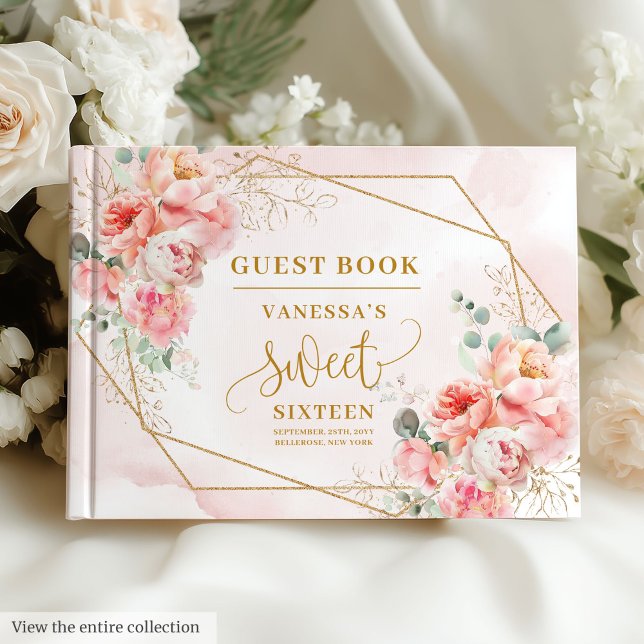 Minimalistische, blassrosa Goldpione 16 . Geburtst Gästebuch (Minimalist Pale Pink Gold Peonies Sweet Sixteen Guest Book)