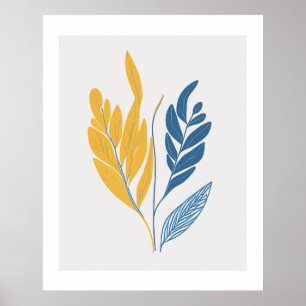 Minimalistische Blätter Illustration in blau und g Poster