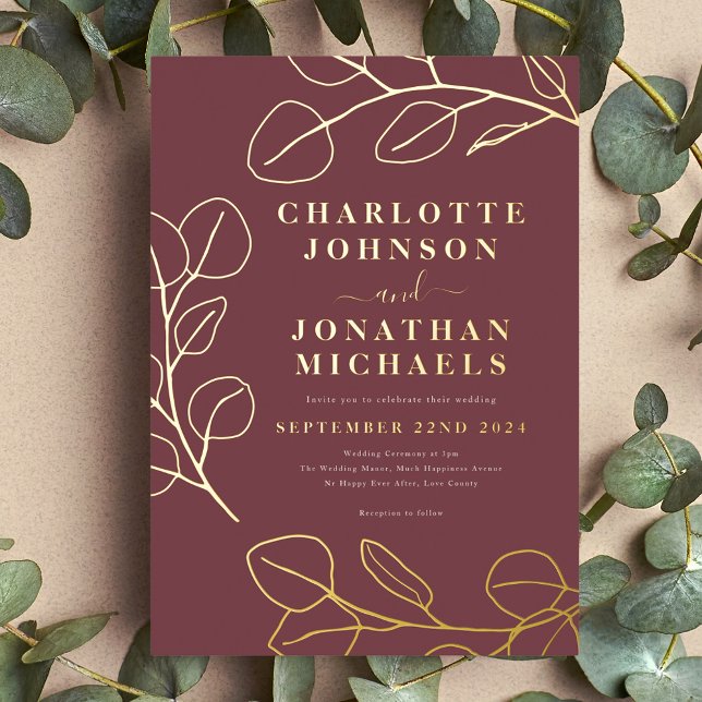 Minimalistische Blätter Moderne Stilvolle Burgund  Folieneinladung (Minimalist eucalyptus leaves modern stylish burgundy and gold foil wedding invitation )