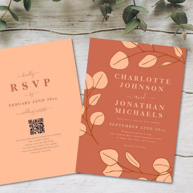 Minimalistische Blätter Terracotta Hochzeit im Her Einladung (Modern minimalist leaves peach fuzz wedding invitation with online rsvp qr code)