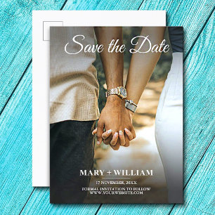 Minimalistische Blaue Foto Hochzeit Save The Date Ankündigungspostkarte