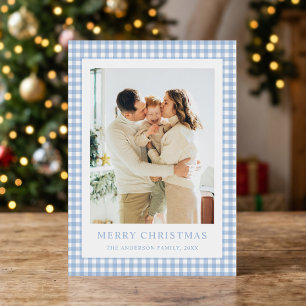Minimalistische blaue Gingham-Weihnachtsfoto Feiertagskarte