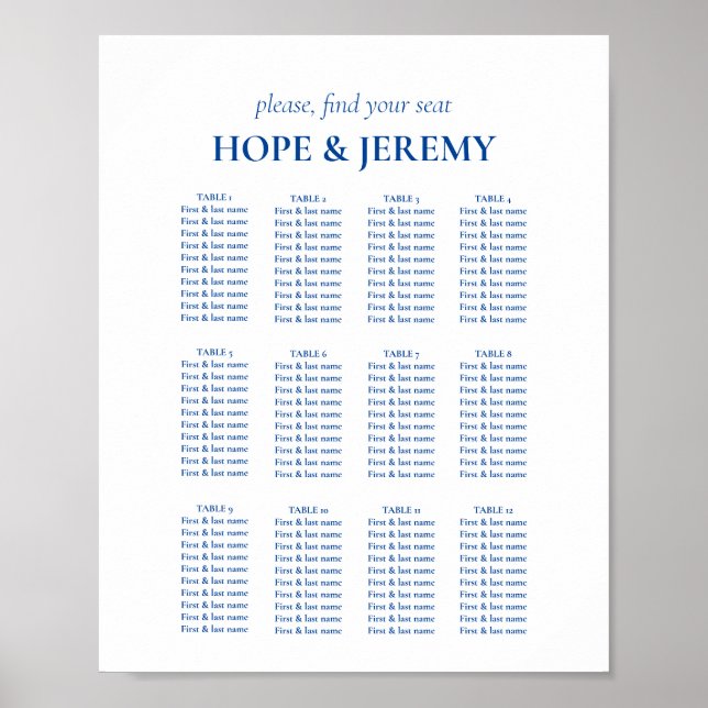 Minimalistische blaue Hochzeitstabelle Poster (Vorne)