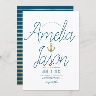 Minimalistische blaue Imitate Foil Script Nautical Einladung