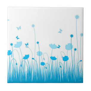 Minimalistische blaue und weiße Klatschmohn-Wiesen Fliese