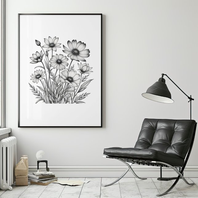 Minimalistische Bleistiftskizze für Sommerblüten Poster (Minimalist Pencil Sketch of Summer Blooms Poster Mockup 1)