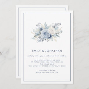 Minimalistische Blue Florals Line Border QR Hochze Einladung