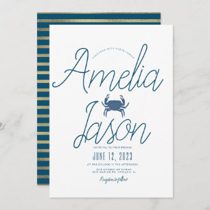Minimalistische Blue Imitate Foil Script Crab Wedd Einladung