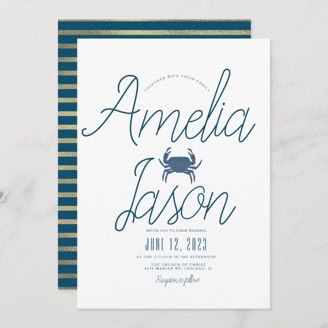 Minimalistische Blue Imitate Foil Script Crab Wedd Einladung (Vorne/Hinten)