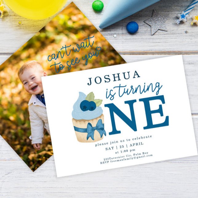 Minimalistische Blueberry Cupcake Erste Geburtstag Einladung (Von Creator hochgeladen)