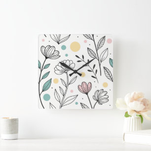 Minimalistische Blumendarstellung mit Pastellpunkt Quadratische Wanduhr