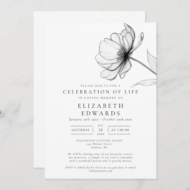 Minimalistische Blumenfeier zur Beerdigung des Leb Einladung (Vorne/Hinten)