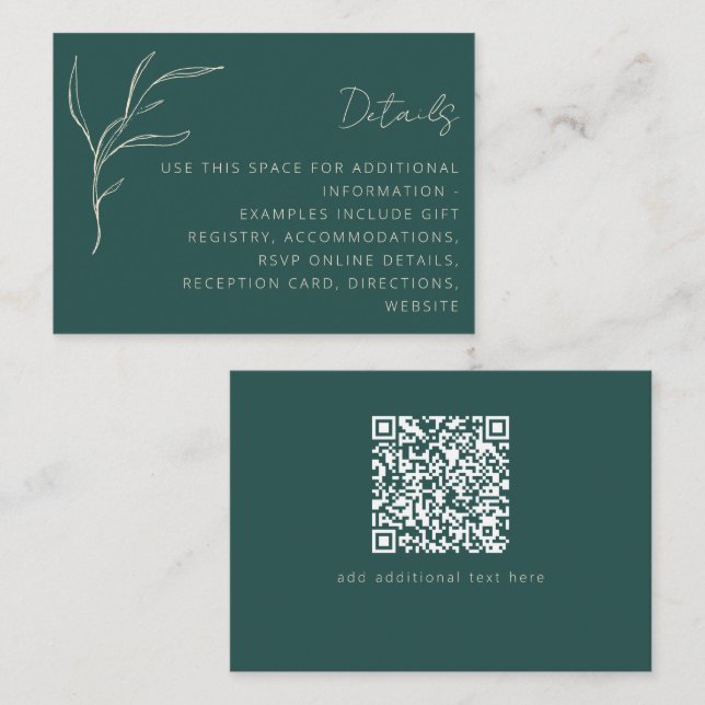 Minimalistische Blumengrün-Hochzeitdetails QR-Code Begleitkarte (Vorne/Hinten)