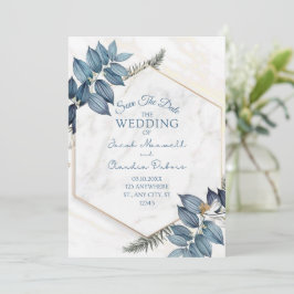 Minimalistische Blumenkarte mit blauem Flor Save t Save The Date