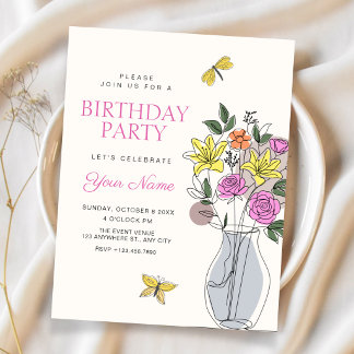 Minimalistische Blumenstrauß-Kunst zum Geburtstag Einladung