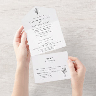 Minimalistische Blumenstrauß-Linienkunst-Hochzeit All In One Einladung