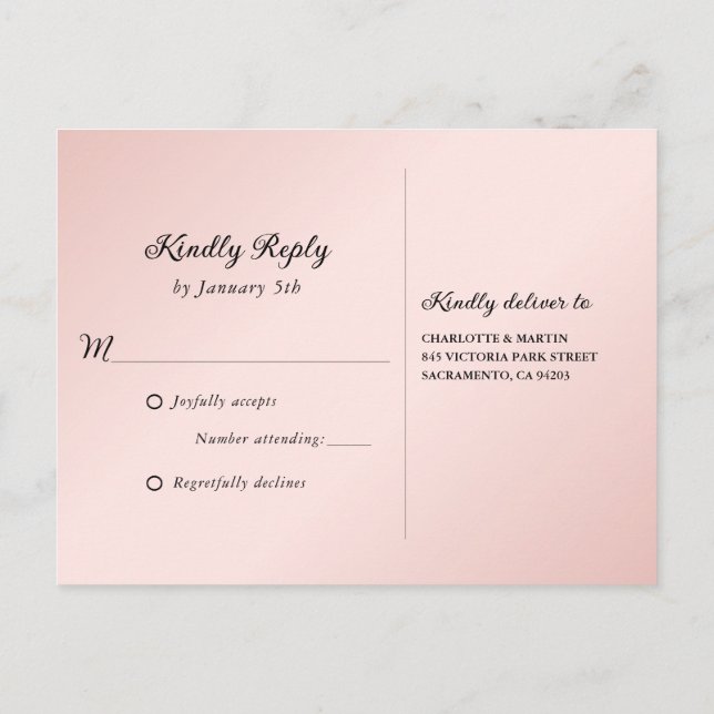 Minimalistische Blush and Black Wedding RSVP Postk Einladungspostkarte (Rückseite)