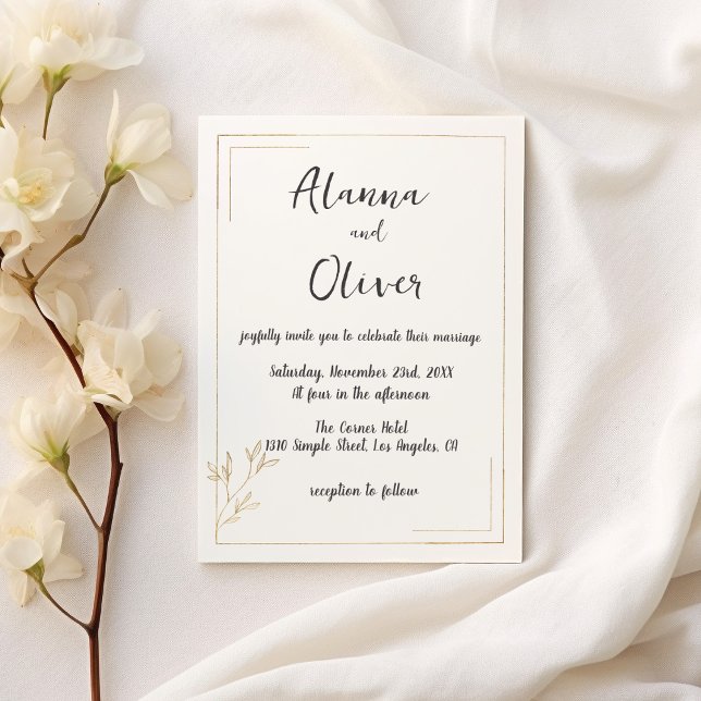 Minimalistische Blütenzunge Einladung (Minimalist white gold floral border Wedding )