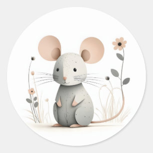 Minimalistische Boho Adorable Maus mit Blume Runder Aufkleber