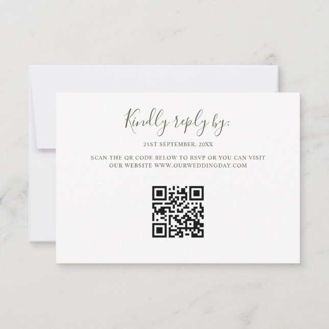 Minimalistische Boho Retro Grün Bogen QR Code RSVP Karte (Rückseite)