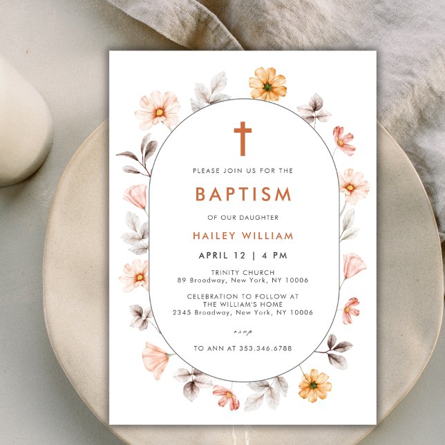 Minimalistische Boho Wildblume Frame Cross-Taufe Einladung (Minimalist Boho Wildflower Frame Cross Baptism Invitation)