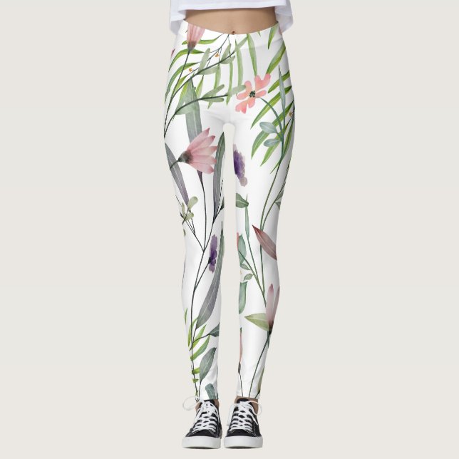 Minimalistische botanische Blätter und Blume grün Leggings (Vorderseite)