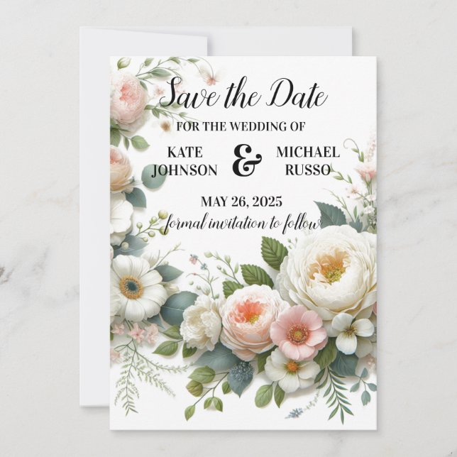 Minimalistische Botanische Blush Pink & White Hoch Save The Date (Vorderseite)