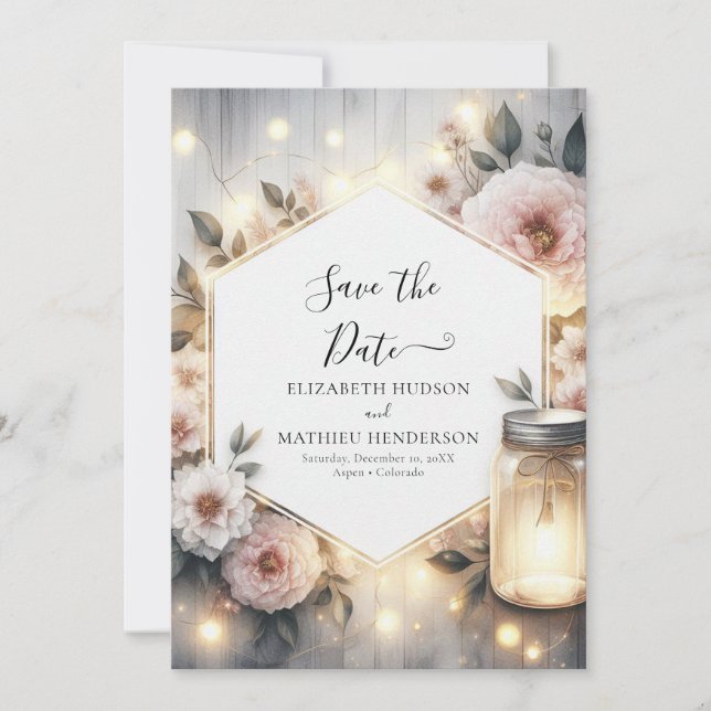 Minimalistische botanische Mason Jar Wedding Save The Date (Vorderseite)