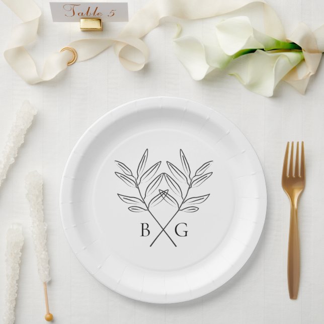 Minimalistische Botanische Rustikale Monogramm-Hoc Pappteller (Hochzeit)