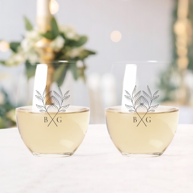 Minimalistische Botanische Rustikale Monogramm-Hoc Weinglas Ohne Stiel (Insitu (Hochzeit))