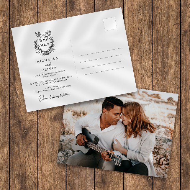 Minimalistische botanische Tauben Hochzeit mit ele Einladungspostkarte (Von Creator hochgeladen)