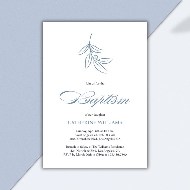 Minimalistische Botanische Taufe Weiß und Blau Einladung (Minimalist White and Blue Botanical Baptism Invitation)