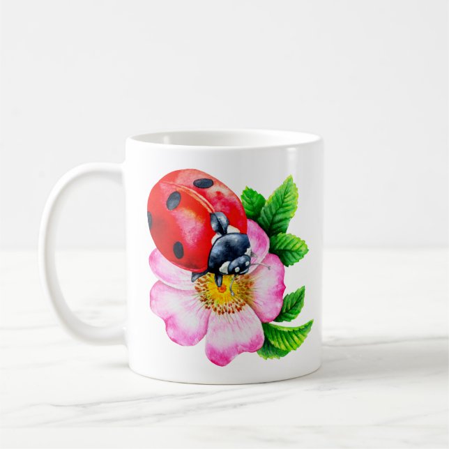 Minimalistische botanische Wasserfarbe Ladybug Blu Kaffeetasse (Links)
