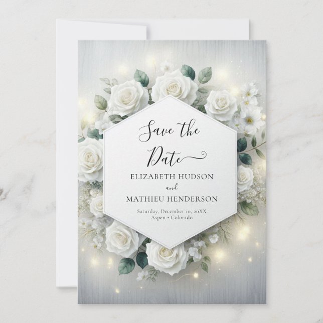 Minimalistische Botanische Weißrosen-Hochzeit Save The Date (Vorderseite)