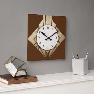 Minimalistische braune Art Deco geometrische Diama Quadratische Wanduhr