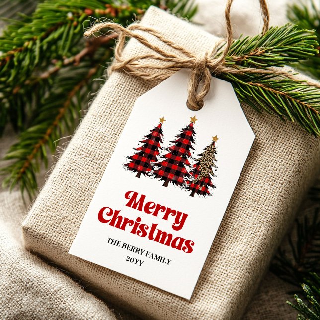 Minimalistische Büffelbaum-Geschenkanhänger in fes Geschenkanhänger (Minimalist buffalo tree gift tag festive red tones

)