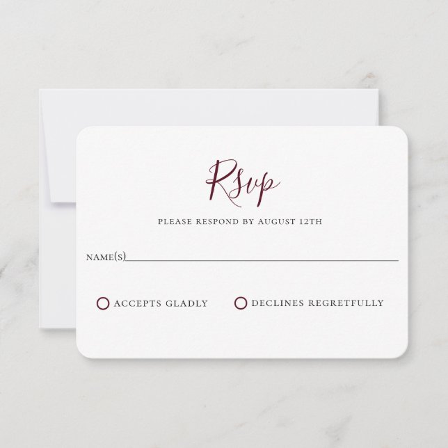 Minimalistische Burgundy Red Wedding RSVP Card Karte (Vorderseite)