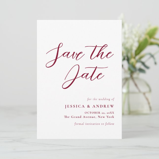 Minimalistische Burgundy Red & White Simple Weddin Save The Date (Stehend Vorderseite)