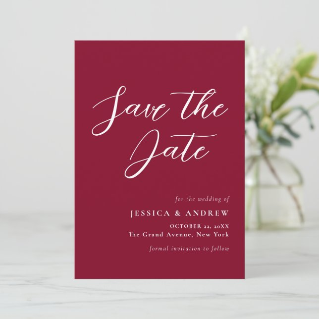 Minimalistische Burgundy Red & White Simple Weddin Save The Date (Stehend Vorderseite)
