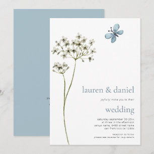 Minimalistische Butterfly-Wildblume QR Blue Weddin Einladung