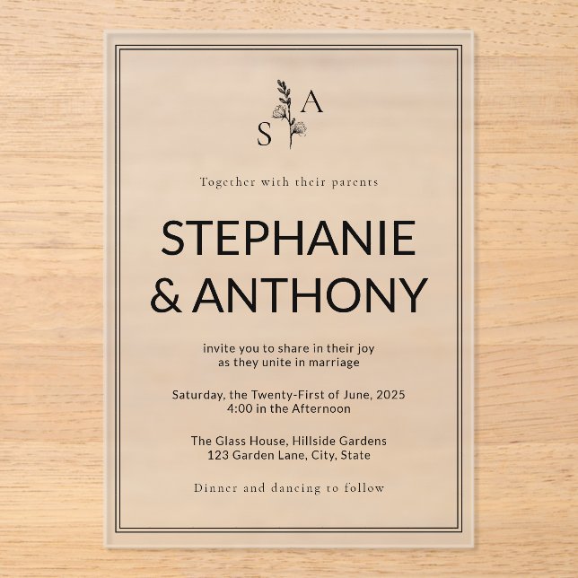 Minimalistische BW-Monogramm-Wildblume Acryleinladungen (Vorderseite)